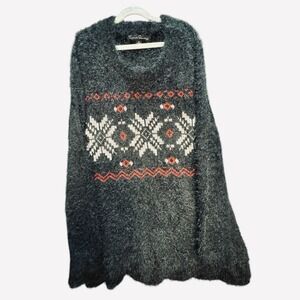 French Laundry Women's Fuzzy Black Cozy Christmas Snowflake Holiday Sweater Sz M